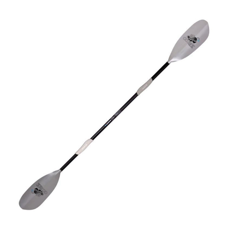 A black double sided paddle with gray handles and blades on a white background