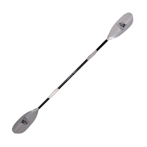 A black double sided paddle with gray handles and blades on a white background