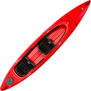 Red two person kayak with black seats