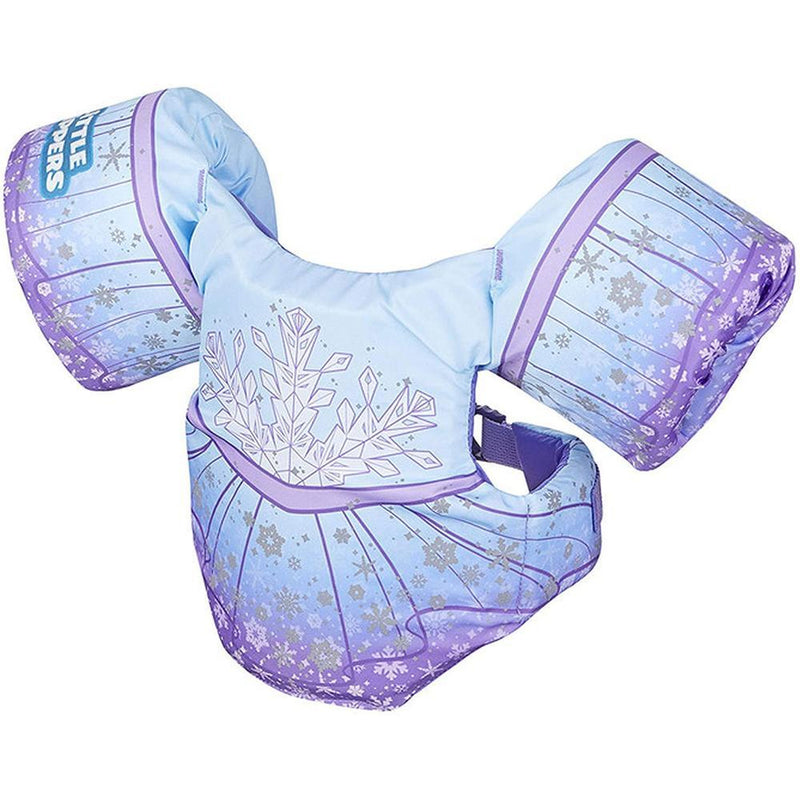 A children life vest with a blue and purple snow pattern on a white background