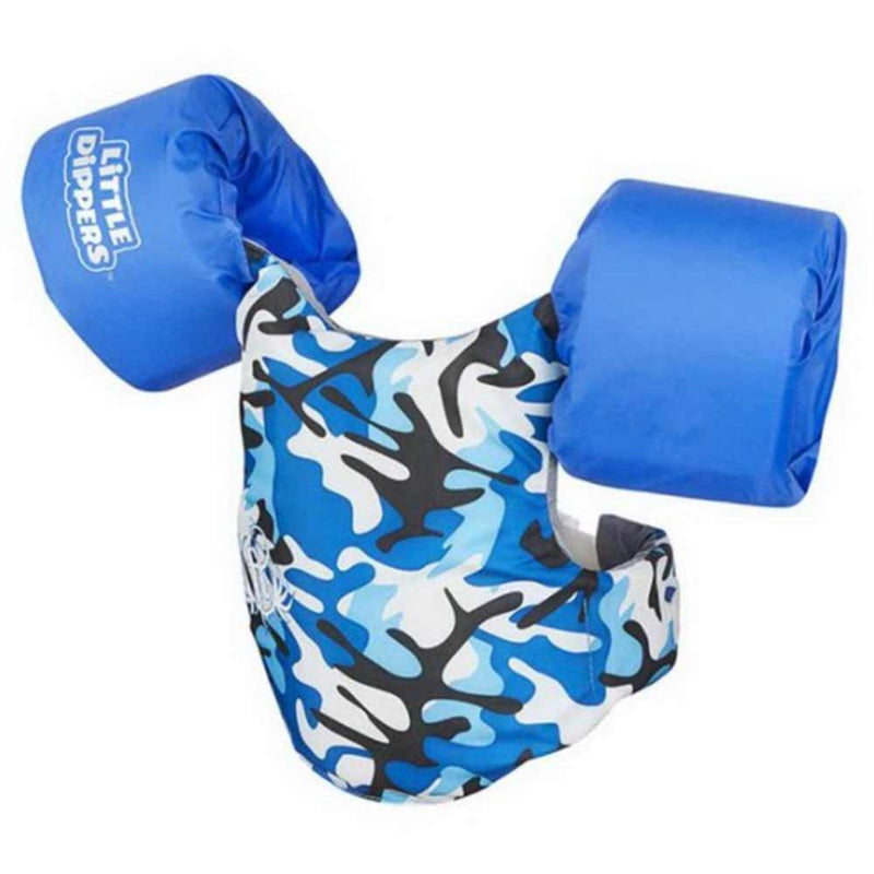 A blue children life vest with a camo pattern on a white background