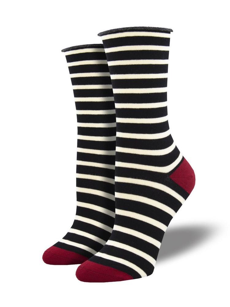 Women's Sailor Stripe Roll Top Bamboo Socks | Black