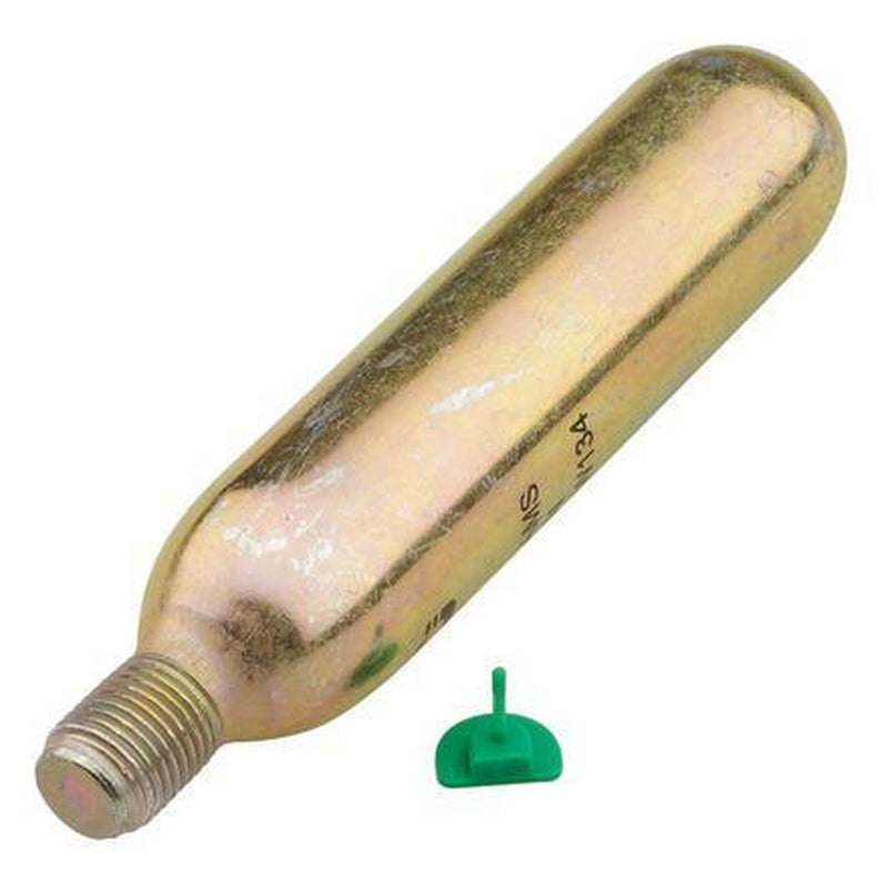 A gold colored CO2 cylinder on a white background