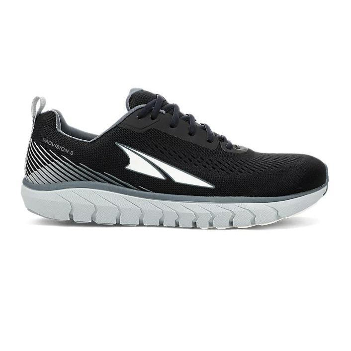 A black running shoe with a white bottom on a white background