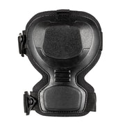 The front of a black knee pad on a white background