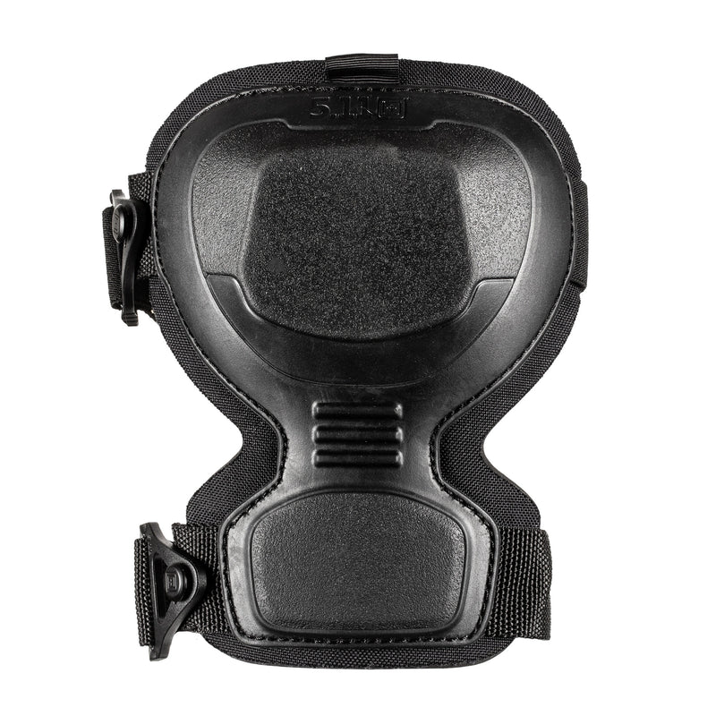 The front of a black knee pad on a white background