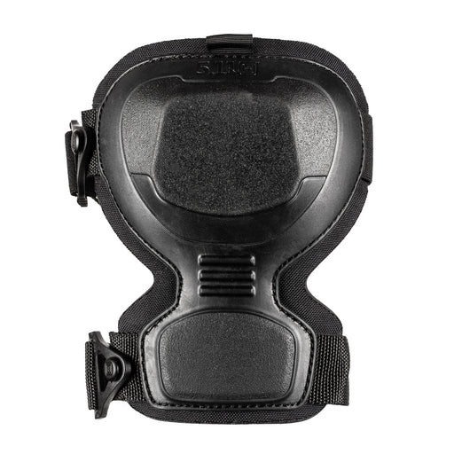 The front of a black knee pad on a white background