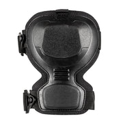 The front of a black knee pad on a white background
