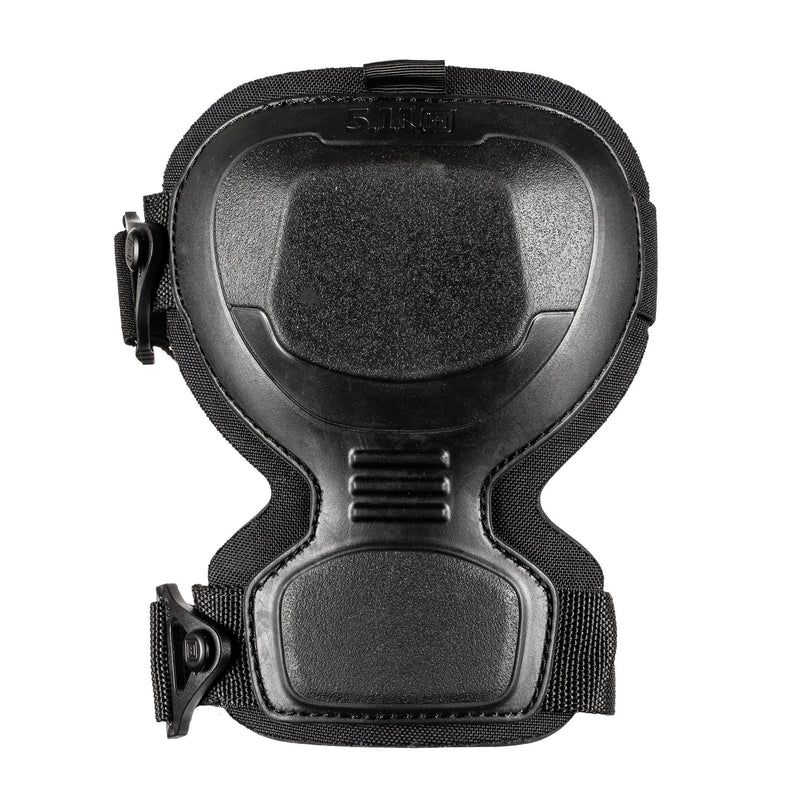 The front of a black knee pad on a white background