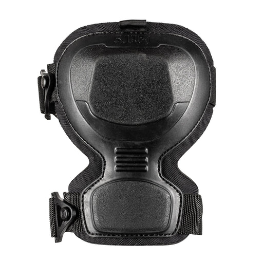 The front of a black knee pad on a white background