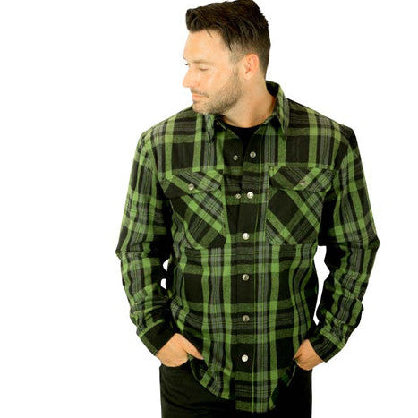 Man wearing a green and black plaid shirt on a white background