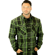 Man wearing a green plaid shirt on a white background