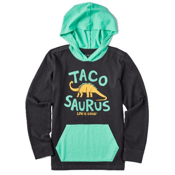 Kids' Tacosaurus Long Sleeve Hooded Crusher Tee | Black & Green