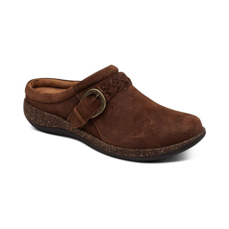 A brown clog sandal with a brown and black bottom on a white background