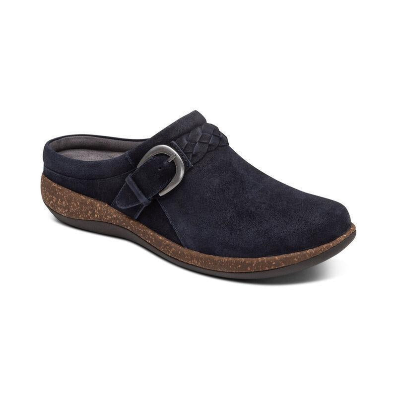 A dark blue clog sandal with a brown and black bottom on a white background