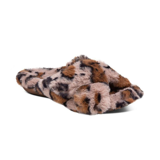 A leopard print fuzzy sandal slipper on a white background