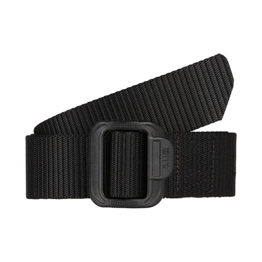 Black webbing belt with black buckle, shown coiled on a white background