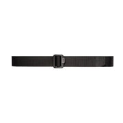 Black webbing belt, shown buckled and laid flat on a white background