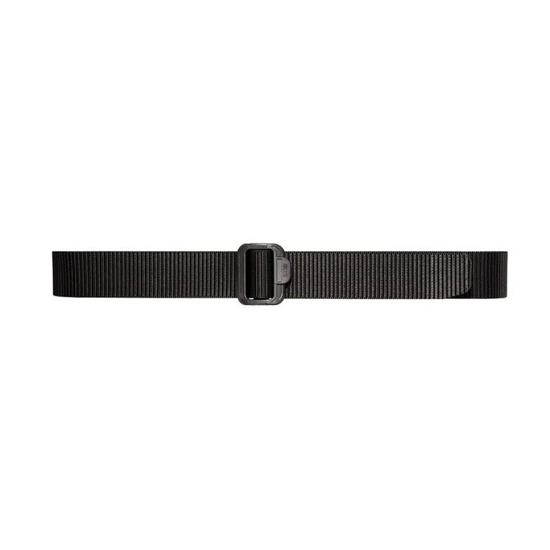 Black webbing belt, shown buckled and laid flat on a white background