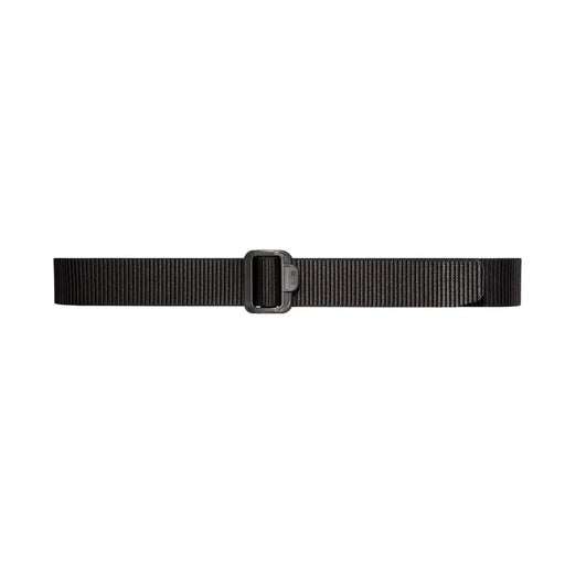 Black webbing belt, shown buckled and laid flat on a white background