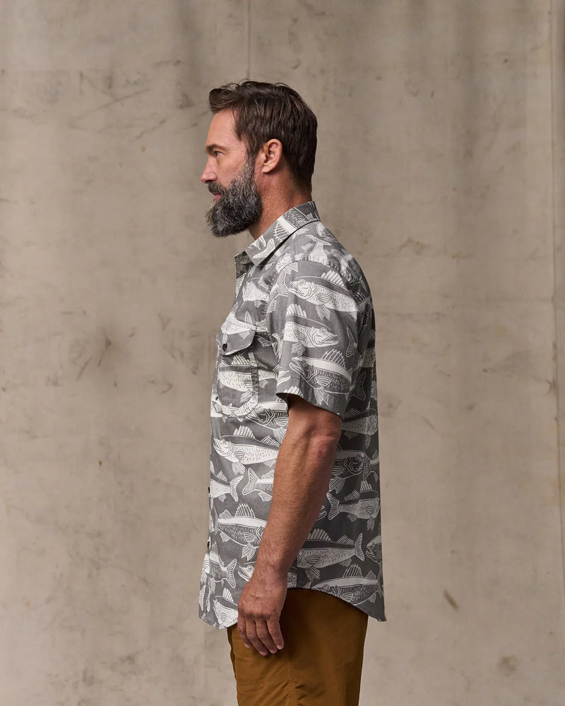 Man wearing a camouflage shirt against a beige wall
