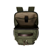 Top view of an olive green backpack opened up to reveal a spacious interior against a white background.