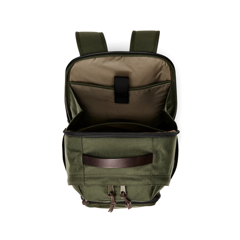 Top view of an olive green backpack opened up to reveal a spacious interior against a white background.