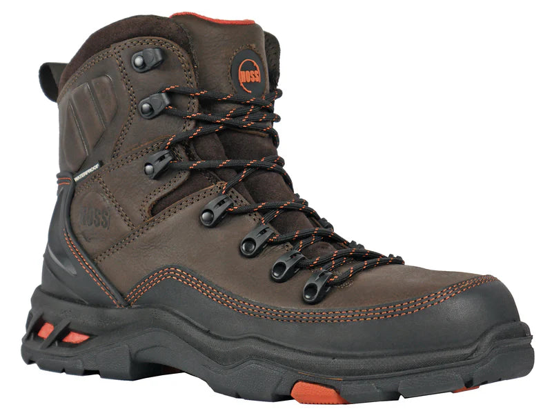 Brown hiking boot with orange accents on a white background