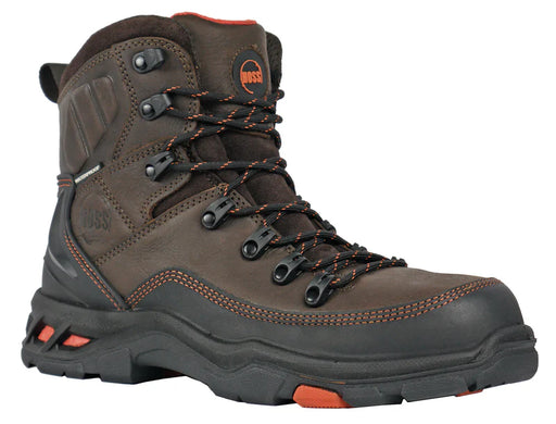 Brown hiking boot with orange accents on a white background
