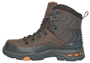 Brown hiking boot with orange accents on a white background