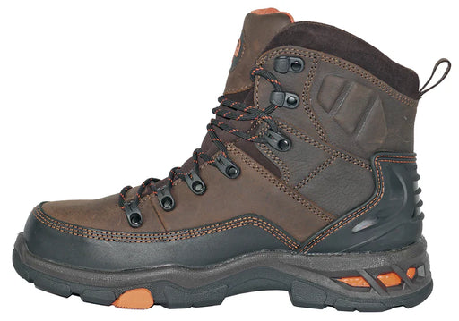 Brown hiking boot with orange accents on a white background