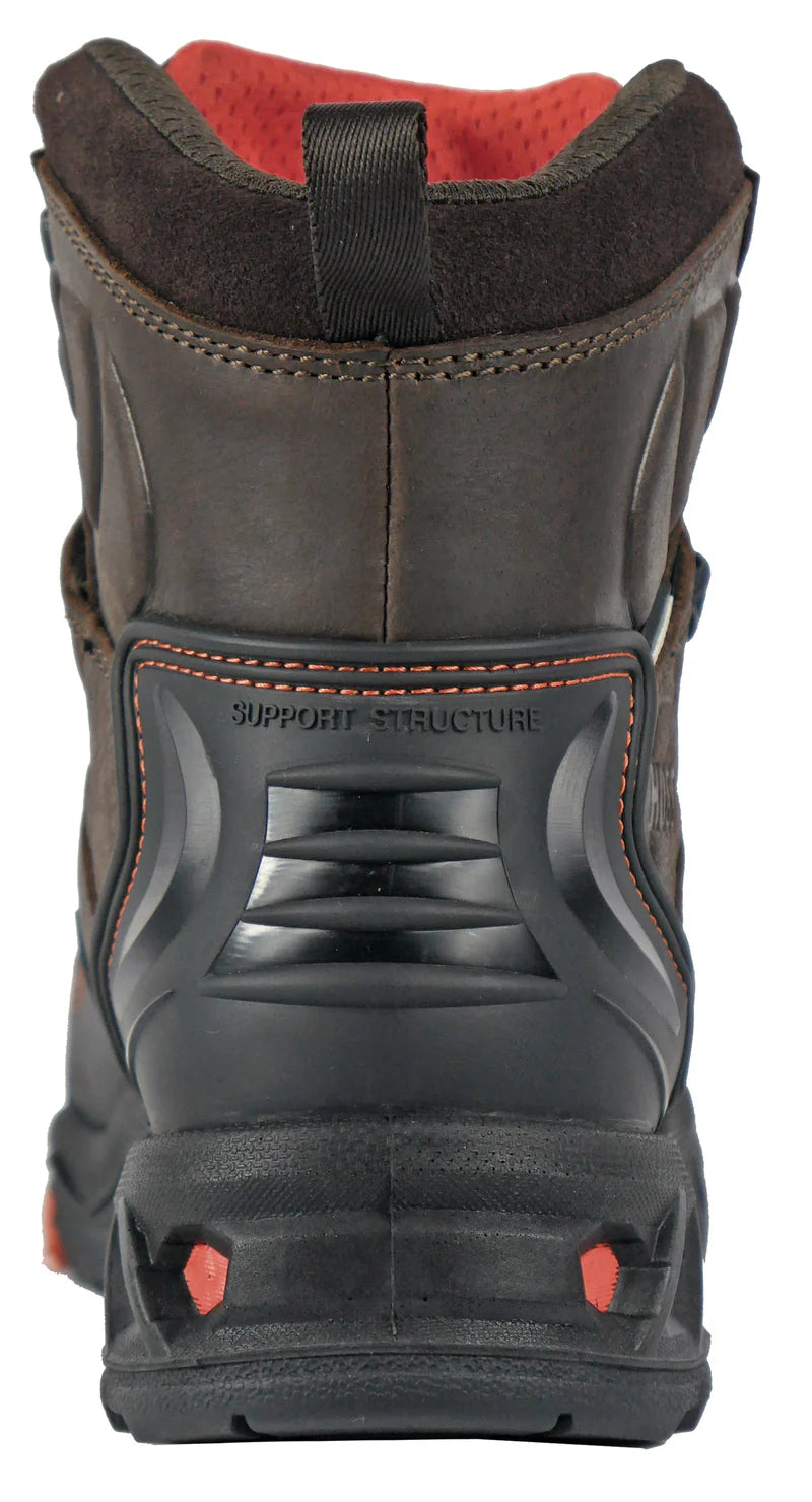Close-up of a brown leather boot with visible stitching and 'Support Structure' label on a white background.