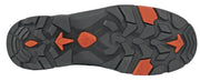 Close-up of a shoe sole with orange and gray pattern on a white background