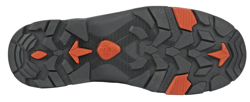 Close-up of a shoe sole with orange and gray pattern on a white background