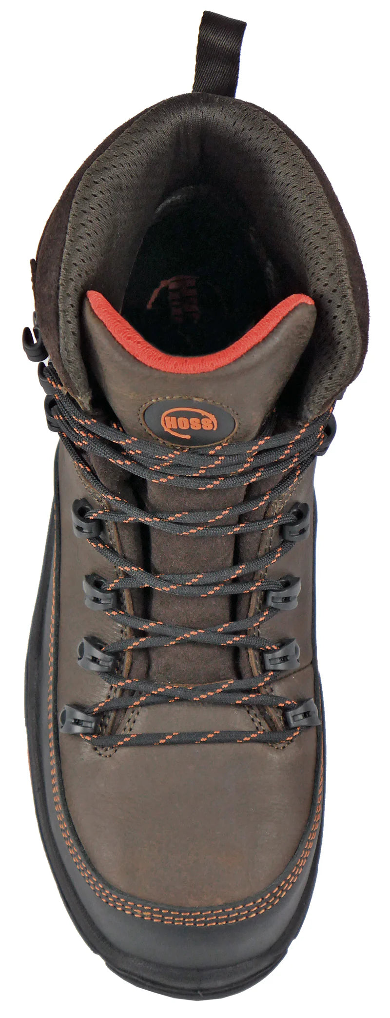 Brown hiking boot with orange accents on a white background