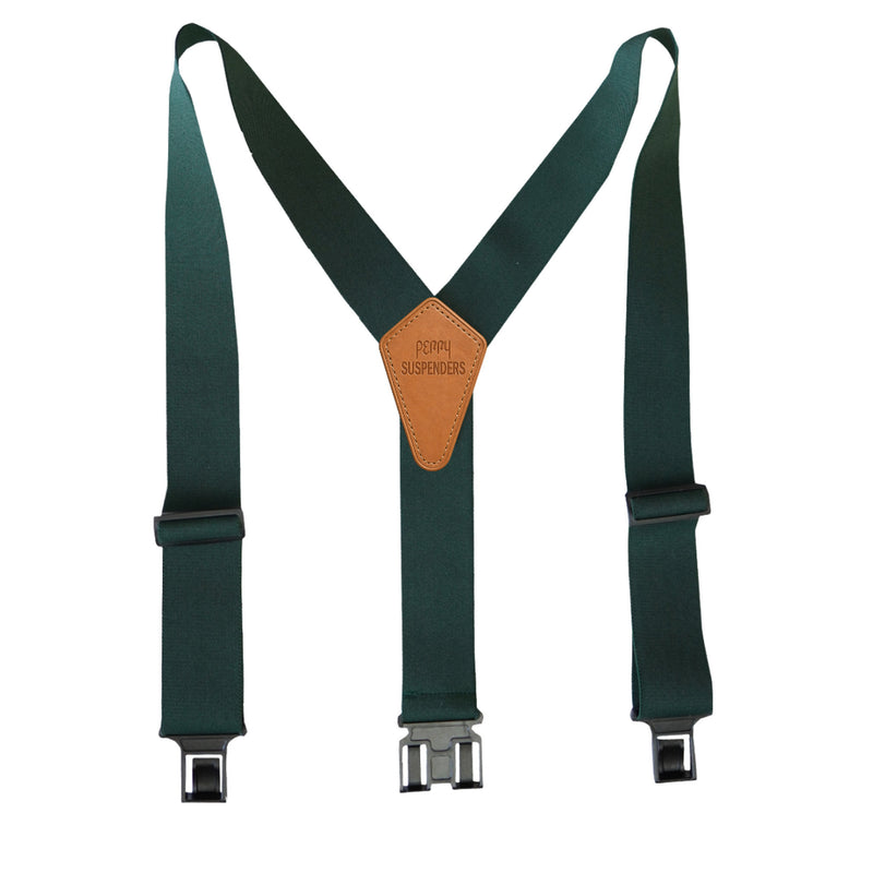 Dark green Y-back suspenders with a tan leather brand patch and silver metal clips, shown against a plain white background.