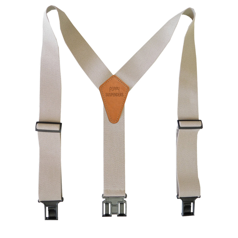 Beige Y-back suspenders with a tan leather patch at the center and black metal clips, shown on a plain white background.