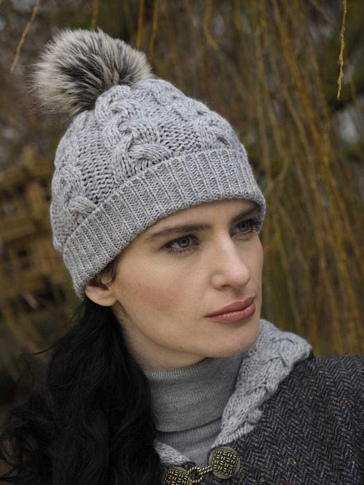 Aran Crafts Pom Pom Aran Cable Knit Hat