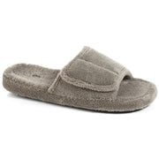 A gray fuzzy slide slipper on a white background
