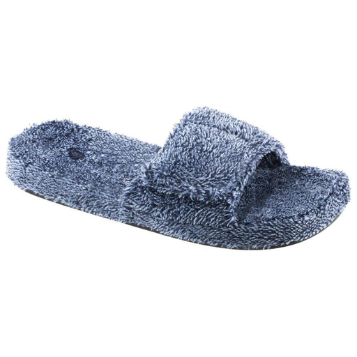 A blue fuzzy slide slipper on a white background
