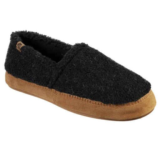 A black fuzzy slipper with a brown bottom on a white background