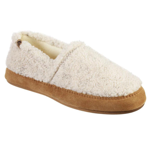 A white fuzzy slipper with a brown bottom on a white background