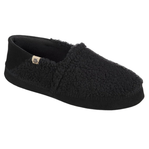 A fuzzy black slipper with a black bottom on a white background