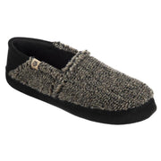 A fuzzy gray slipper with a black bottom on a white background