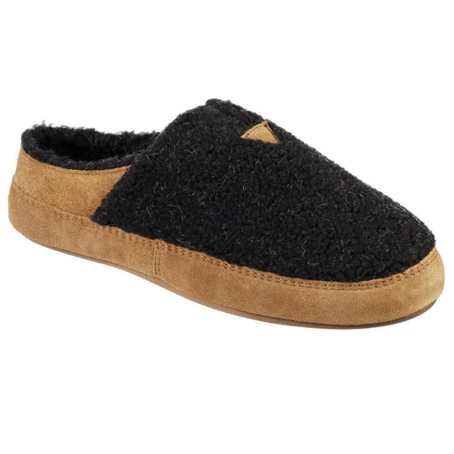 A black fuzzy slipper with a brown bottom on a white background