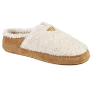 A white fuzzy slipper with a brown bottom on a white background
