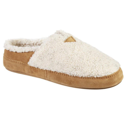 A white fuzzy slipper with a brown bottom on a white background