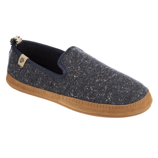 A blue slipper with a brown bottom on a white background