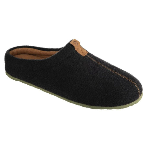 A black fuzzy slipper on a white background