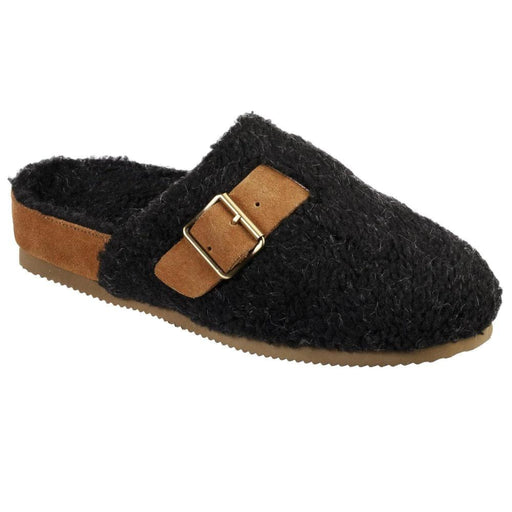 A fuzzy black slipper slide with a brown bottom on a white background